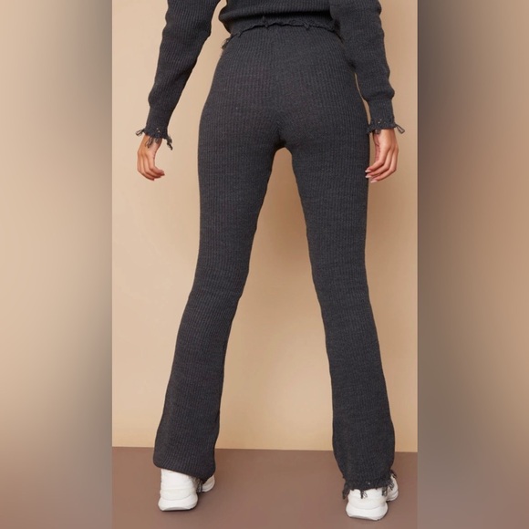 PrettyLittleThing Pants - NWT Tall Charcoal Knitted Distressed Straight Leg Flares Size 12